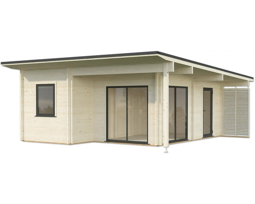 Abri de jardin en bois avec fenêtres et portes coulissantes