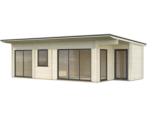 Abri de jardin en bois avec de grandes fenêtres et portes coulissantes