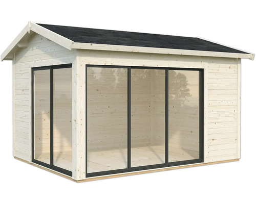 Abri de jardin en bois avec façade en verre et toit à deux pentes