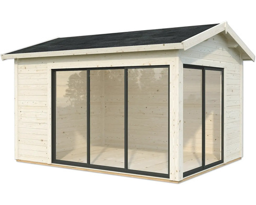 Abri de jardin avec structure en bois et portes coulissantes en verre