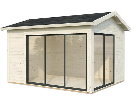 Abri de jardin avec structure en bois et façade en verre