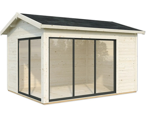 Abri de jardin avec de grandes fenêtres et un toit à deux pentes