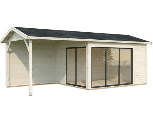 Abri de jardin en bois avec auvent et portes coulissantes en verre