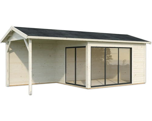 Abri de jardin en bois avec auvent et portes coulissantes