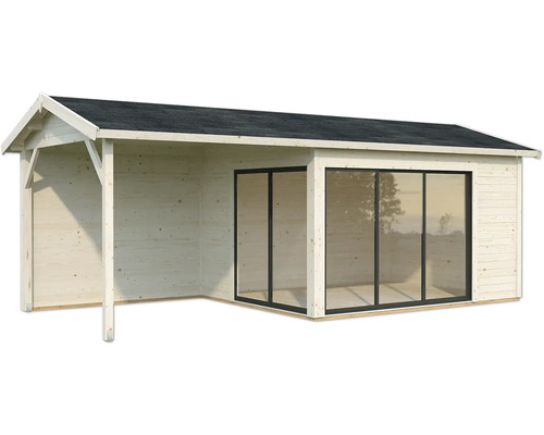 Gartenhaus mit Carport aus Holz und Schiebetüren