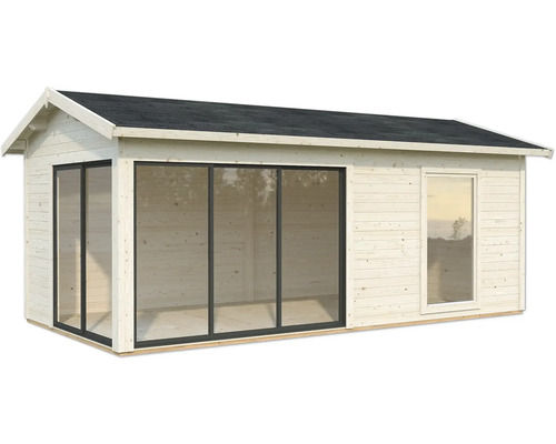 Abri de jardin en bois avec de grandes fenêtres et un toit plat