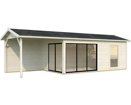 Abri de jardin en bois avec véranda couverte et portes coulissantes en verre