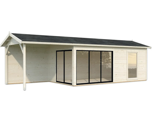 Abri de jardin avec auvent, fenêtres et portes coulissantes