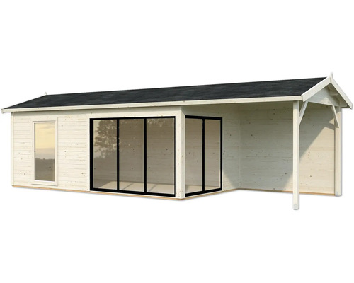 Abri de jardin en bois avec fenêtres et portes coulissantes