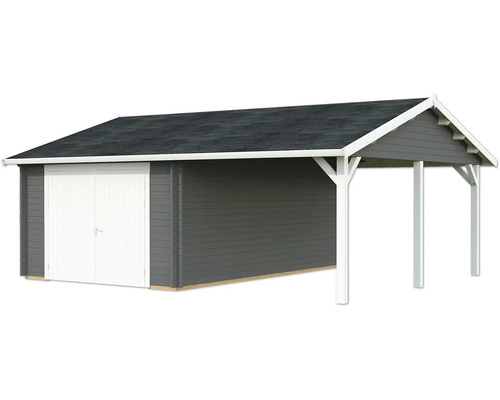 Garage simple Palmako Roger 19,0+16,2m² avec portail en bois 703 x 619 cm gris foncé-blanc