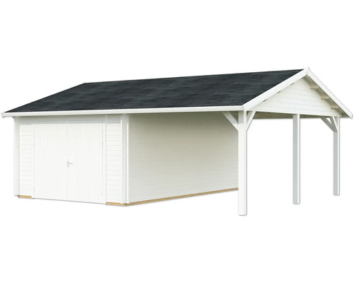 Garage simple Palmako Roger 19,0+16,2 m² avec porte en bois 703 x 619 cm blanc Abri de jardin avec carport en bois