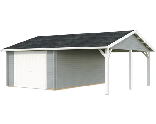 Garage simple Palmako Roger 19,0+16,2m² avec portail en bois 703 x 619 cm gris clair-blanc
