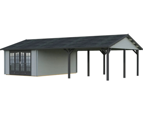 Abri de jardin Palmako Irene 19,0+33,2 m² 1006 x 619 cm gris clair-anthracite Maison de jardin en bois avec abri de voiture