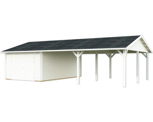 Einzelgarage Palmako Roger 19,0+33,2 m² mit Holztor 1006 x 619 cm weiss Geräteschuppen mit Carport Anbau