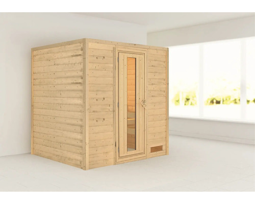 Sauna en bois massif Woodfeeling Anja sans poêle ni couronne, avec porte en bois et verre à isolation thermique