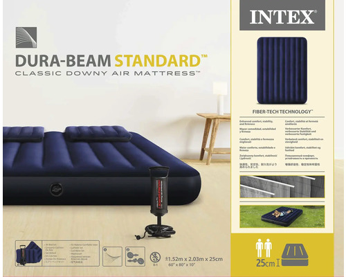 Matelas pneumatique Intex Dura-Beam Standard avec pompe manuelle, dimensions environ 1,52 mètre sur 2,03 mètres sur 25 centimètres