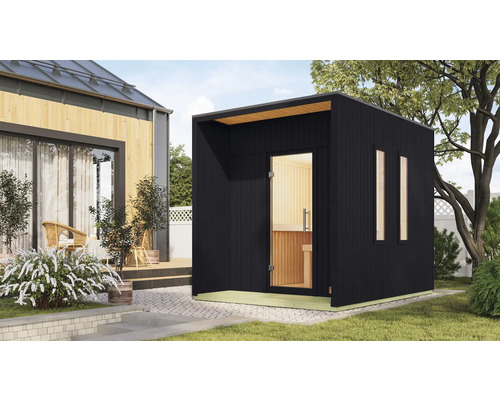 Saunahaus Karibu Sagunas inkl. 9 KW Ofen u.ext.Steuerung mit Fenster und Ganzglastür aus Klarglas schwarz Saunahaus Karibu Sagunas inkl. 9 KW Ofen u.ext.Steuerung mit Fenster und Ganzglastür aus Klarglas schwarz