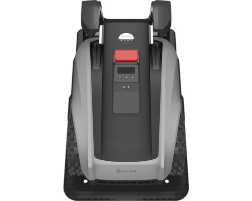 Vue de dessus d''un robot tondeuse gris avec bouton d''arrêt