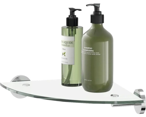 Eckregal aus Glas mit zwei Spendern für Seife und Shampoo