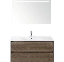 Combinaison de lavabo avec miroir et deux tiroirs aspect bois