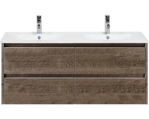 Meuble sous-lavabo avec double vasque et quatre tiroirs aspect bois