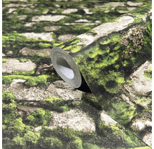 Un rouleau de papier peint avec un motif de mur de pierre et de la mousse.
