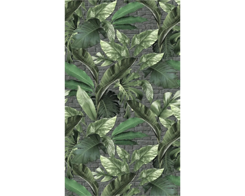 Papier peint avec feuilles tropicales et motif de briques