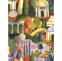 Peinture d''un paysage avec des arbres et des bâtiments