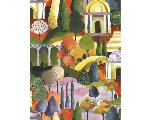 Peinture d''un paysage avec des arbres et des bâtiments