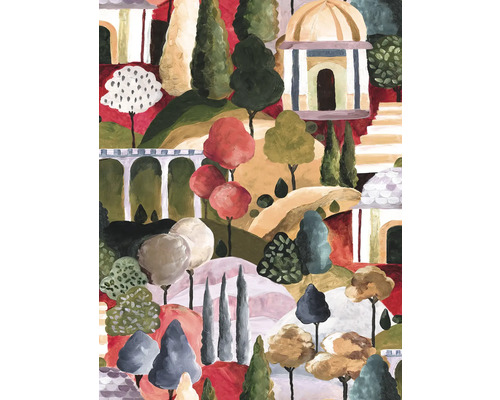 Peinture avec des arbres et de l''architecture