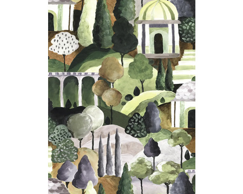 Peinture d''un paysage de jardin avec des arbres et des bâtiments