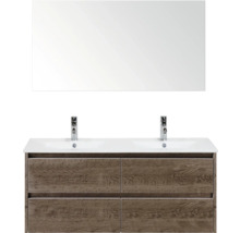 Meuble-lavabo avec miroir, double vasque, aspect bois et tiroirs pour salle de bains