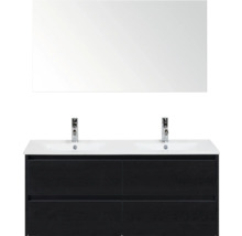 Salle de bain avec miroir, lavabo, robinets et meuble sous-lavabo