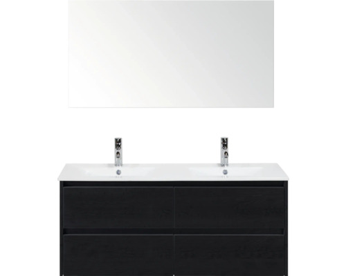 Salle de bain avec miroir, lavabo, robinets et meuble sous-lavabo