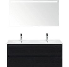 Meuble-lavabo avec meuble bas, double vasque, robinets et miroir lumineux pour la salle de bain.