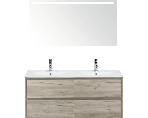 Meuble-lavabo double avec miroir et meuble bas dans la salle de bains