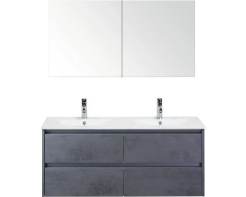 Meuble-lavabo avec deux lavabos, meuble bas et armoire de toilette