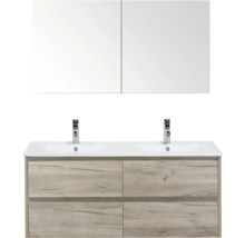 Ensemble de meubles de salle de bain avec double vasque, robinetterie et armoire de toilette