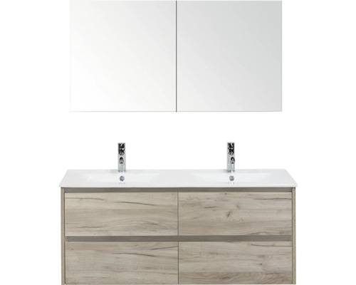 Ensemble de meubles de salle de bain avec double vasque, robinetterie et armoire de toilette