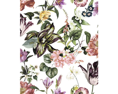 Papier peint intissé 47458 Flora blanc Produit à motifs floraux avec différentes variétés de fleurs et de feuilles.