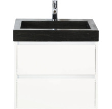 Meuble-lavabo avec deux tiroirs, dessus de lavabo noir et robinet