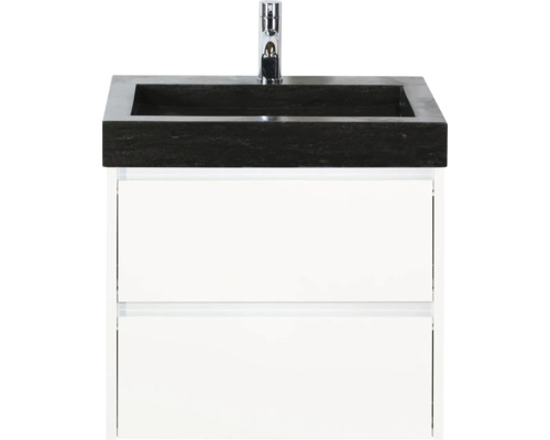 Meuble-lavabo avec deux tiroirs, dessus de lavabo noir et robinet