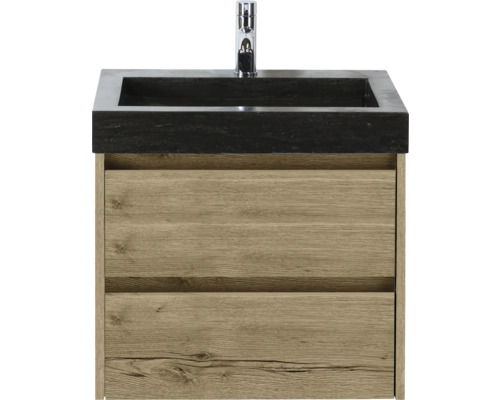 Lavabo en pierre naturelle avec meuble sous lavabo Sanox Dante lxhxp 61 cm x 58 cm x 45.5 cm couleur de façade chêne naturel Meuble sous-lavabo avec deux tiroirs, lavabo et robinet