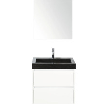 Ensemble de meuble-lavabo avec miroir, robinet, lavabo noir et meubles bas blancs