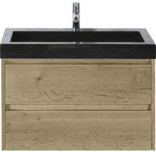 Meuble-lavabo avec meuble sous-vasque, aspect bois et lavabo noir