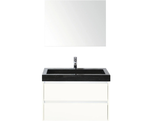 Ensemble de meuble-lavabo avec miroir, plaque de meuble-lavabo noire, vasque à poser et meuble sous-vasque