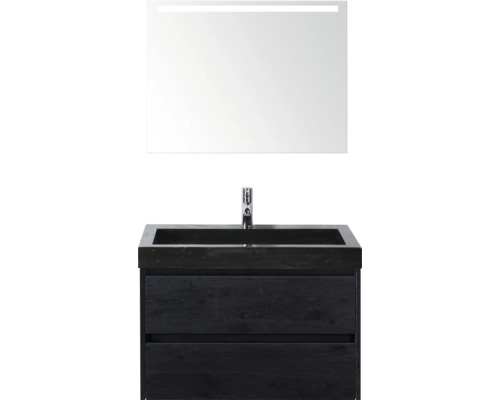 Meuble-lavabo avec deux tiroirs, robinet de lavabo et miroir avec éclairage