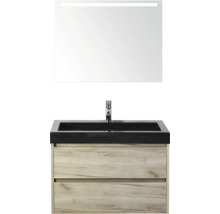 Waschtisch mit Unterschrank, Waschtischarmatur und beleuchtetem Spiegel für das Badezimmer