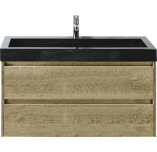 Meuble sous-lavabo avec deux tiroirs, un plan de toilette noir et un robinet