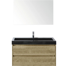 Waschtischkombination mit Spiegel, Holzunterschrank und schwarzem Waschbecken